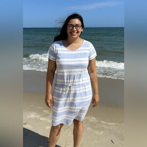 Lands’ End Blue and White Striped Drawstring Beach Dress